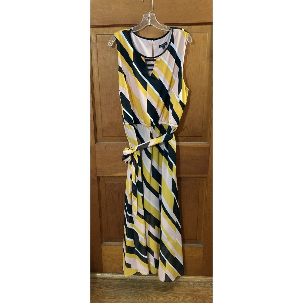 Lane Bryant Stripped Maxi Dress Sz 24 New Black Pink Yellow Belted Wedding Guest - Picture 3 of 12